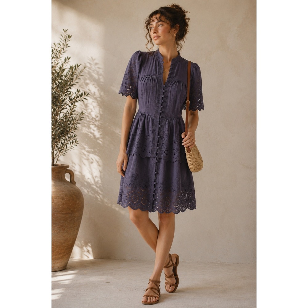 En Saison Eyelet Tiered Ruffle Mini Dress S Indigo‎ Blue Puff Sleeve Boho Chic